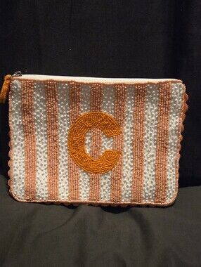 Shine & Sparkle India Cotton Orange Beaded "C" Initial Purse Bag 8x6"